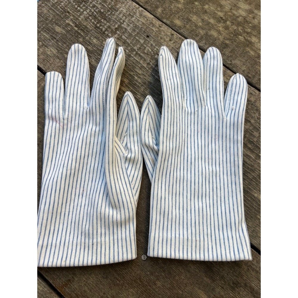 Vintage Pinstripe Wrist Gloves Small White Blue Nautical Button Detail 50s 60s
